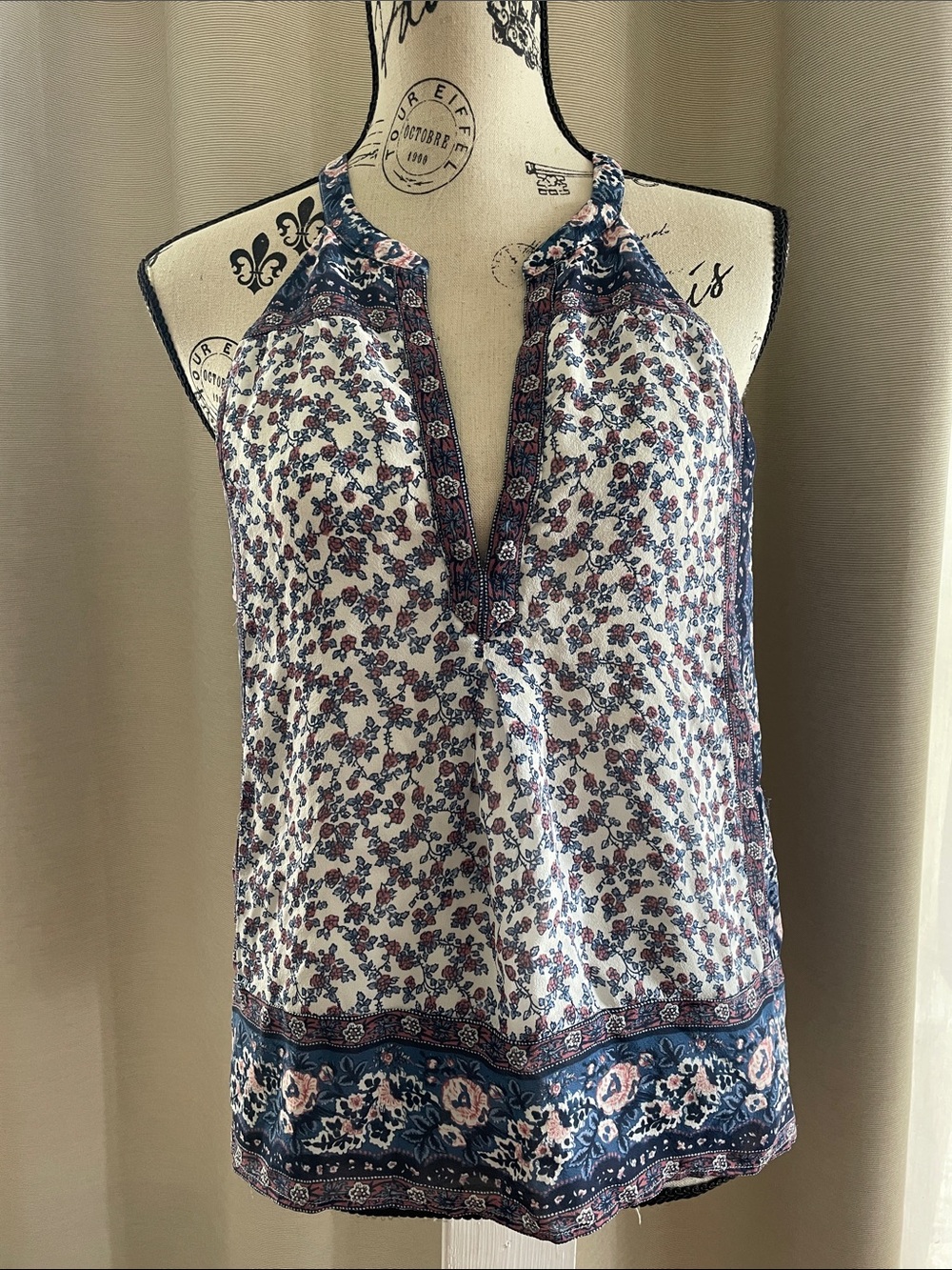 Joie Boho Floral Halter Top in Navy and White